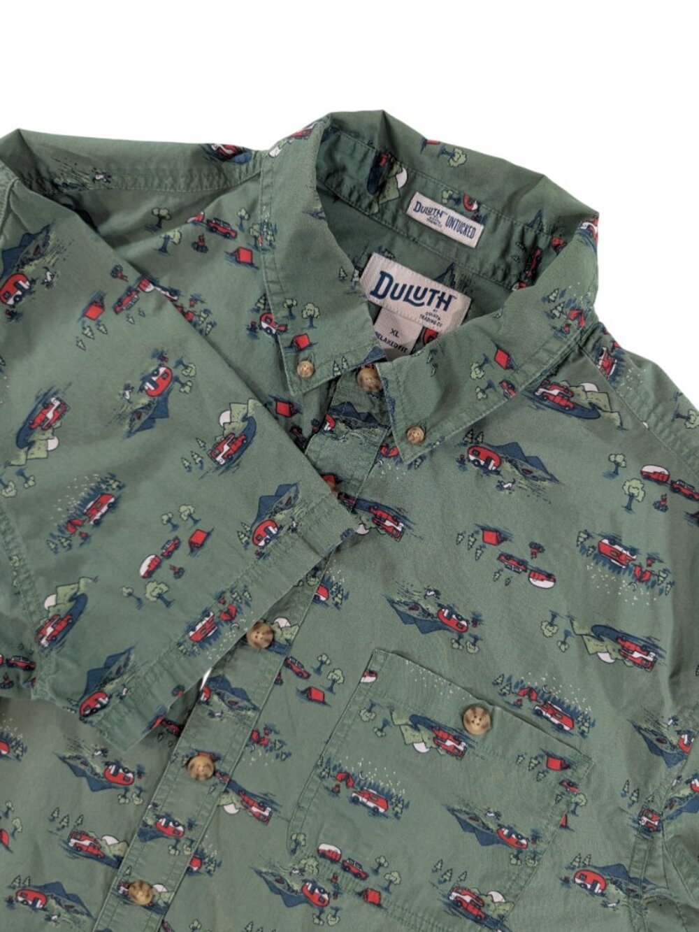 Duluth Green Camper Print Short Sleeve Button Down Shirt Relaxed Untucked XL